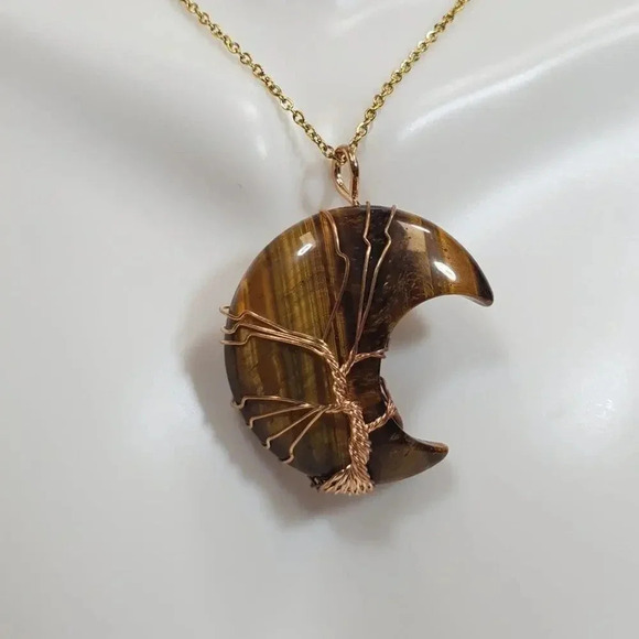 Tigers Eye Golden Wire Wrapped Half Moon Pendant with 18in Chain. - Picture 5 of 5